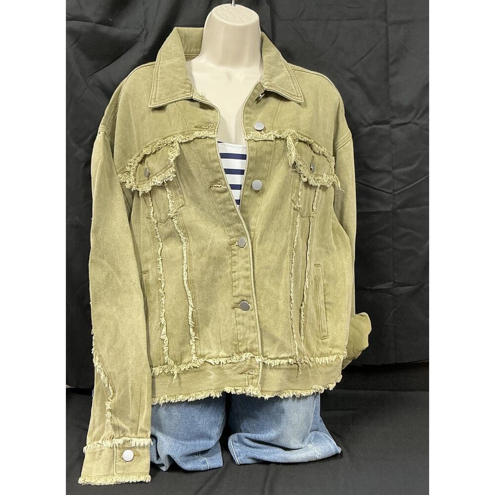 Pol Women's Trucker‎ Style Size S Army Green Button Up Shacket Oversized w/Fray